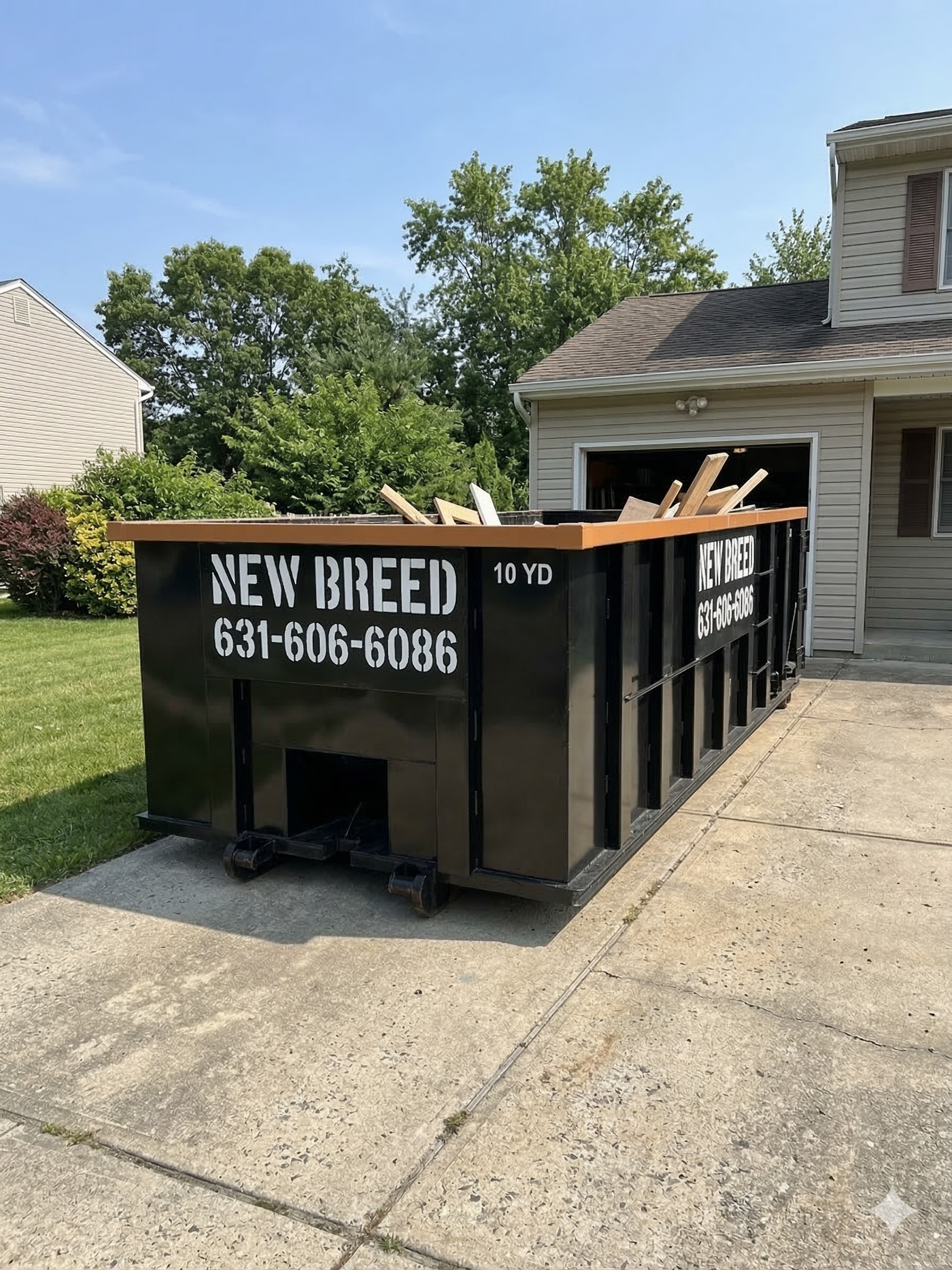 New Breed Haulage 10-yard roll-off dumpster in a Long Island driveway