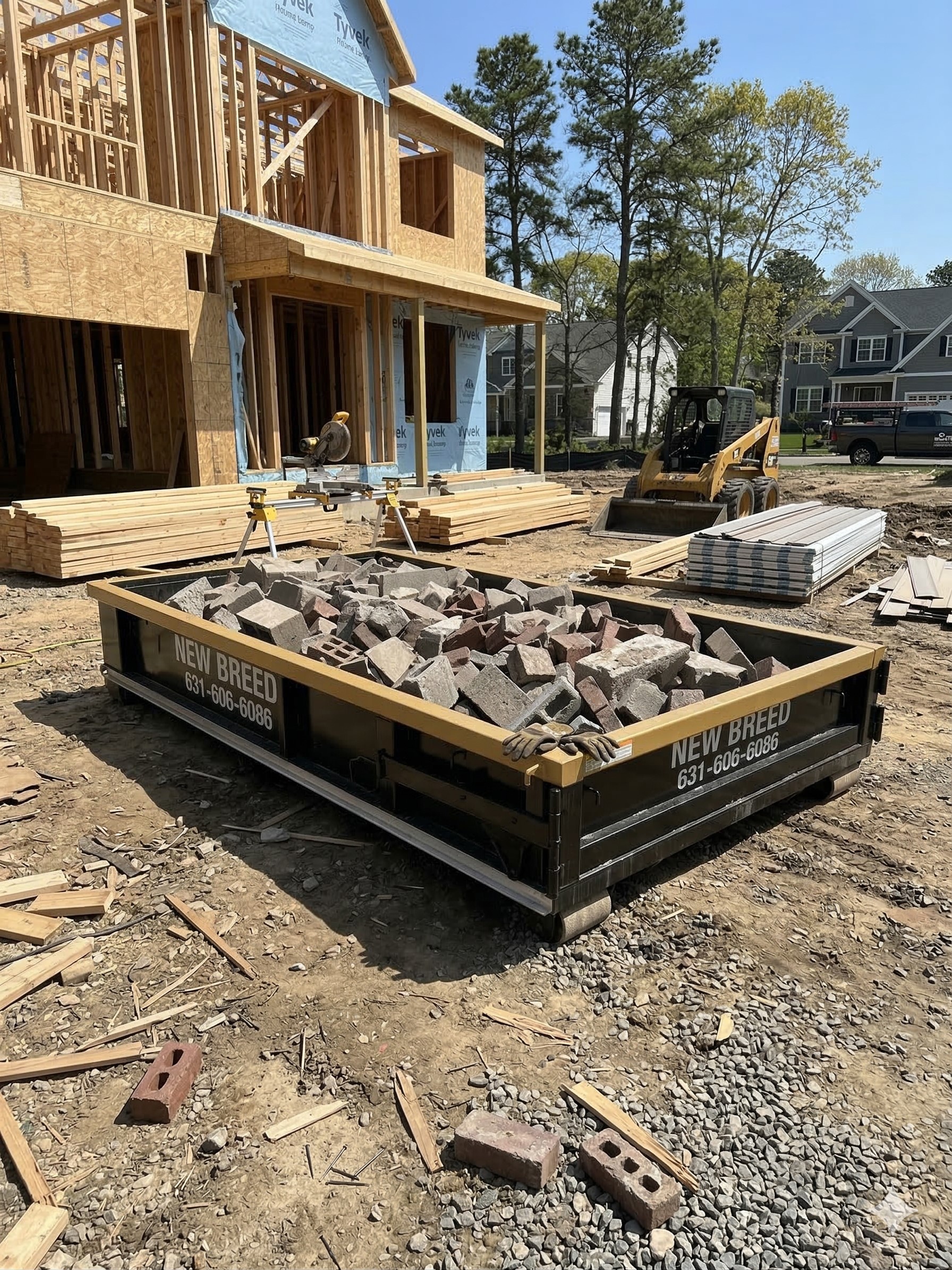 New Breed Haulage 5-yard roll-off dumpster at a Long Island construction site